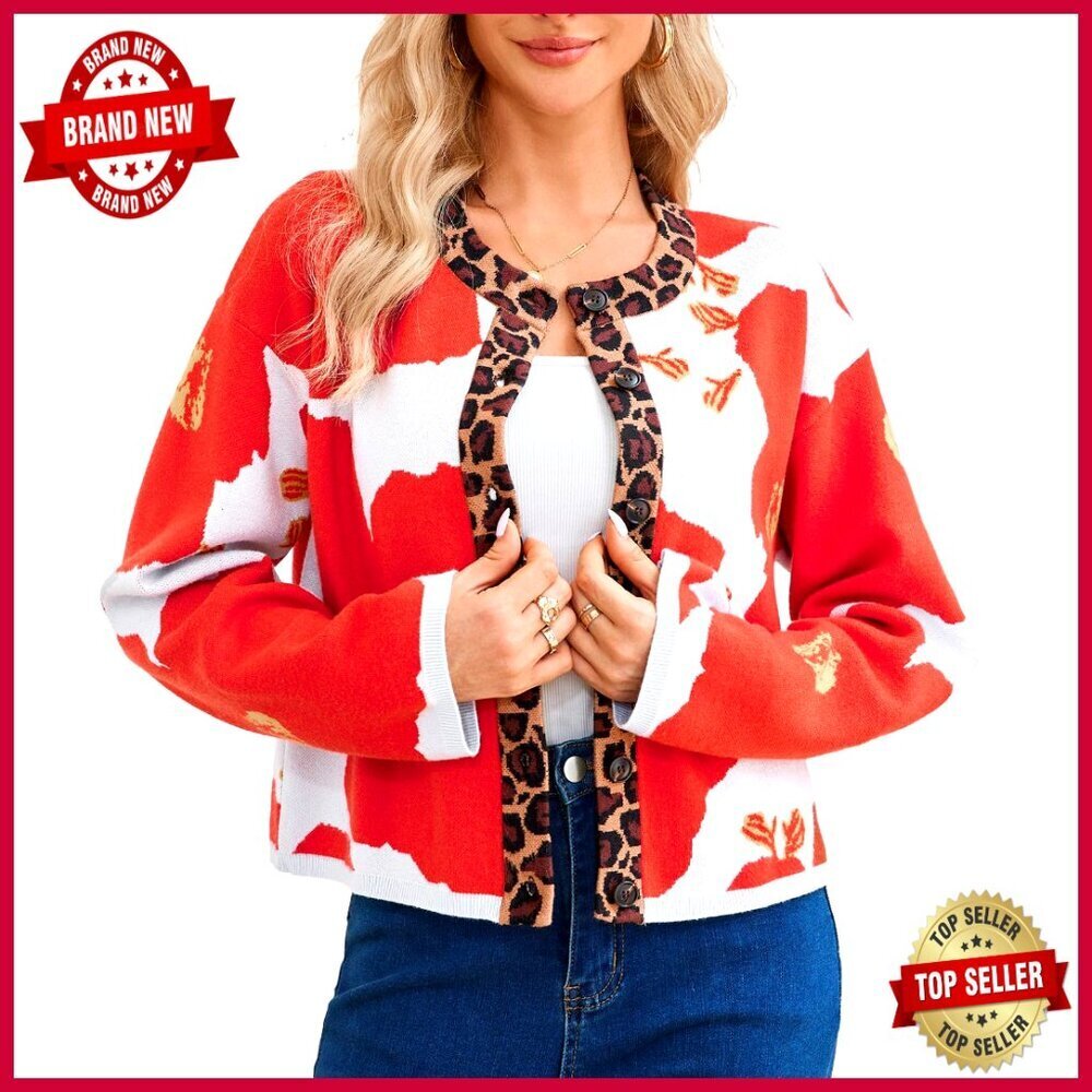 Floral Leopard Print Cropped Cardigan Sweater Button Down Open Front